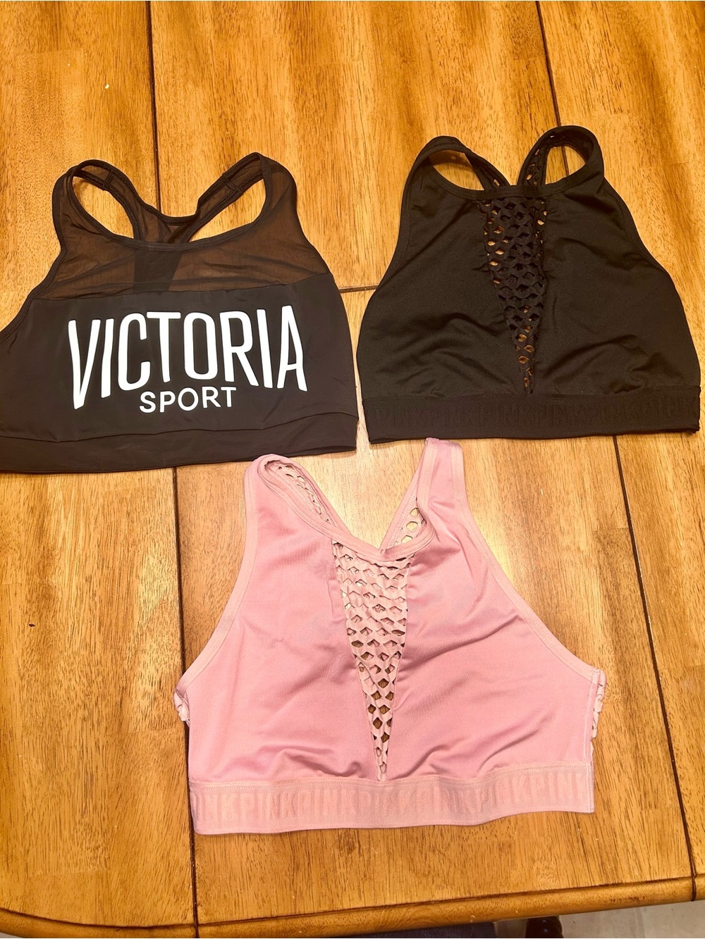 PINK Victoria's Secret Black & Pink Mesh-Detail Sports Bra Bundle Medium